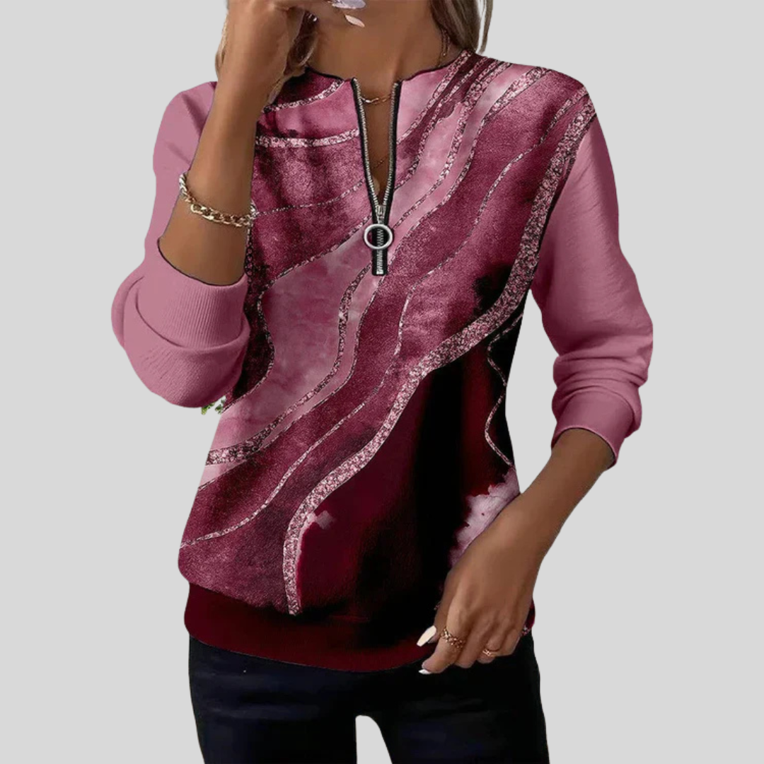 Vintage print half-zip sweatshirt with ribbed cuffs and banded hem, shown in mocha bronze