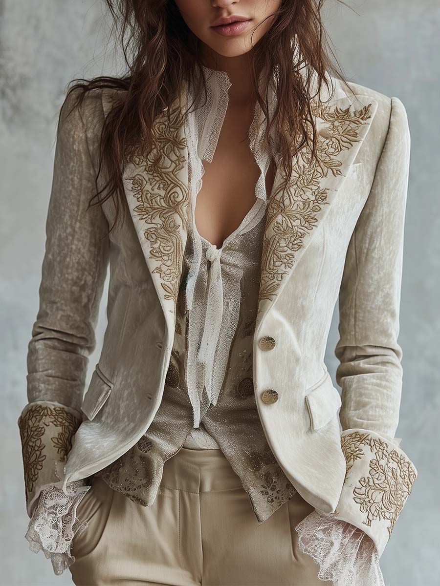 Ivory tailored blazer with gold-toned floral embroidery on the lapels and cuffs