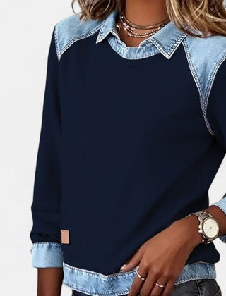Women's layered-collar two-tone sweater with shirt-style collar and contrast panels, long sleeves