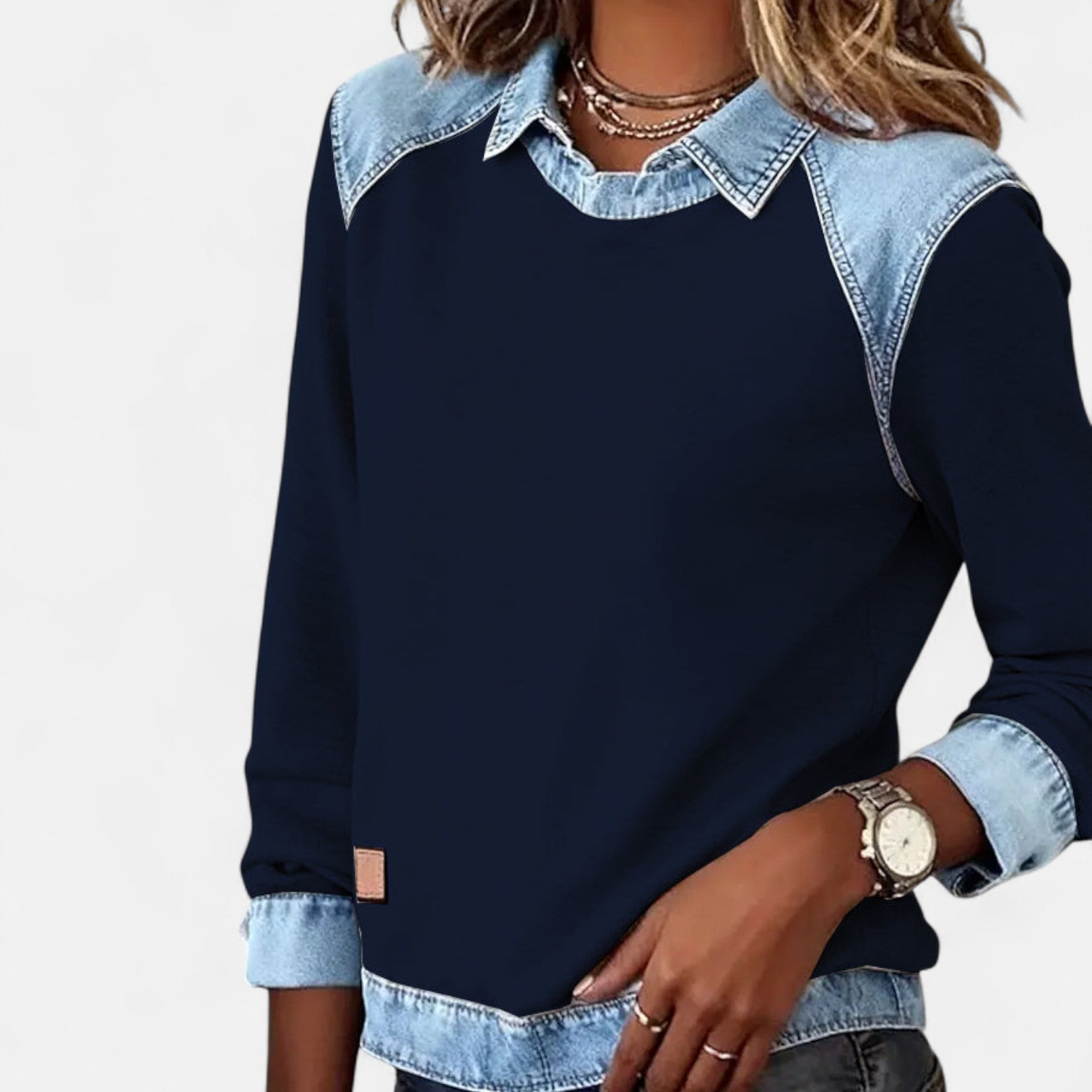 Women's layered-collar two-tone sweater with shirt-style collar and contrast panels, long sleeves