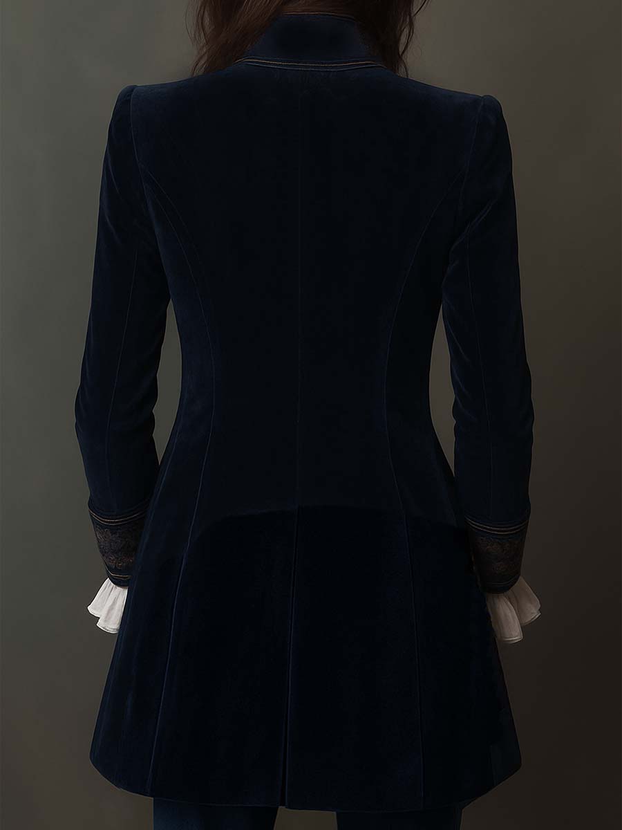 Women's vintage embroidered longline jacket with ornate lapel and cuff detailing