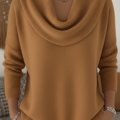Women's cowl neck knit sweater with draped collar, long sleeves and ribbed hem
