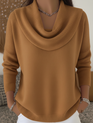 Women's cowl neck knit sweater with draped collar, long sleeves and ribbed hem