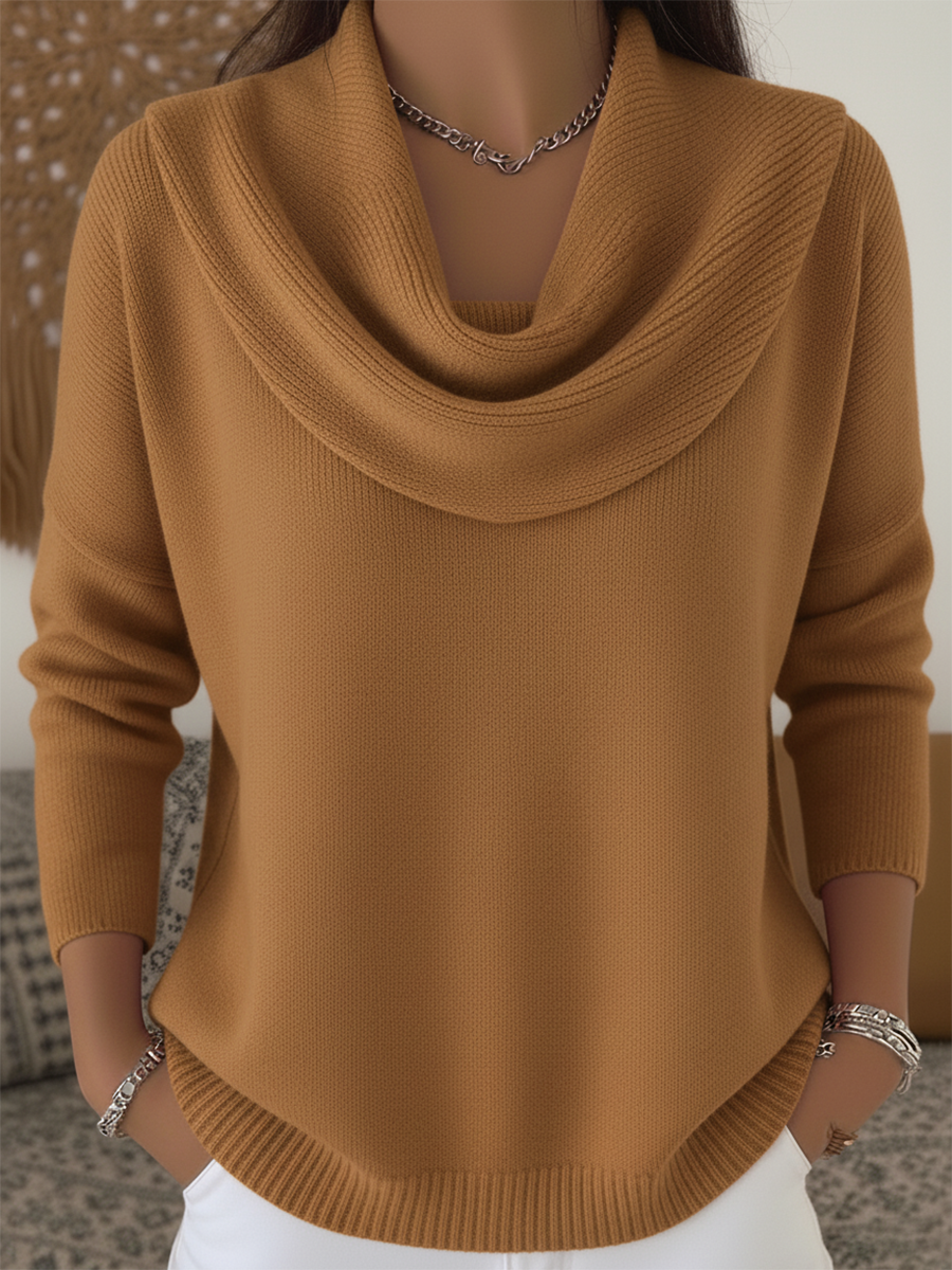 Women's cowl neck knit sweater with draped collar, long sleeves and ribbed hem