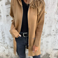 Women's hooded long sleeve open-front cardigan shown in a soft everyday style