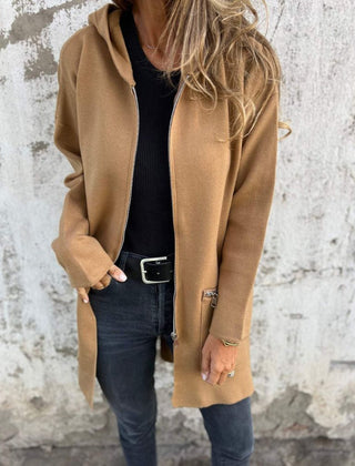Women's hooded long sleeve open-front cardigan shown in a soft everyday style