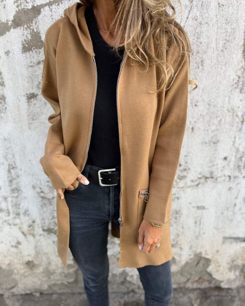 Women's hooded long sleeve open-front cardigan shown in a soft everyday style