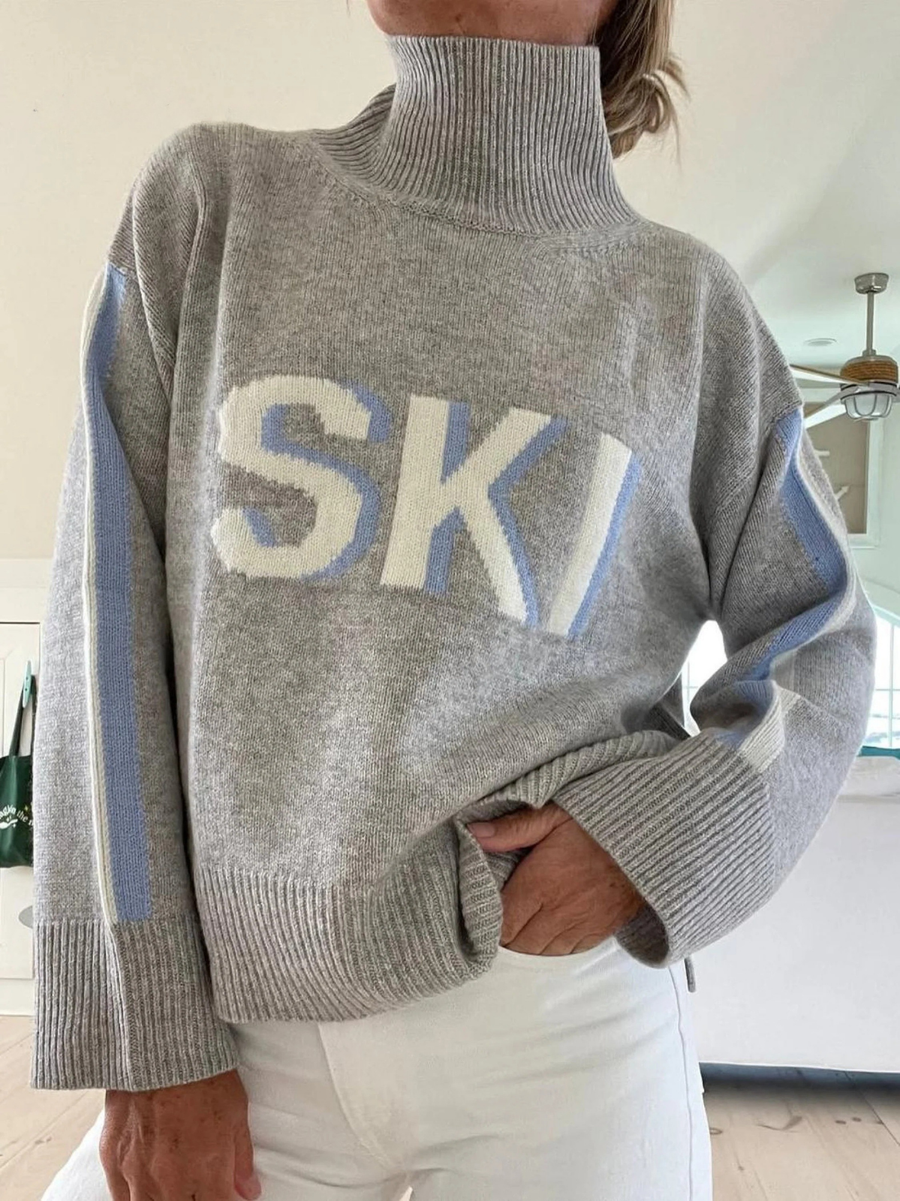 Gray retro turtleneck sweater with ribbed cuffs and hem in a relaxed fit
