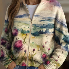 Women's zip cardigan with watercolour thistle landscape print, gold zip and ribbed stand collar
