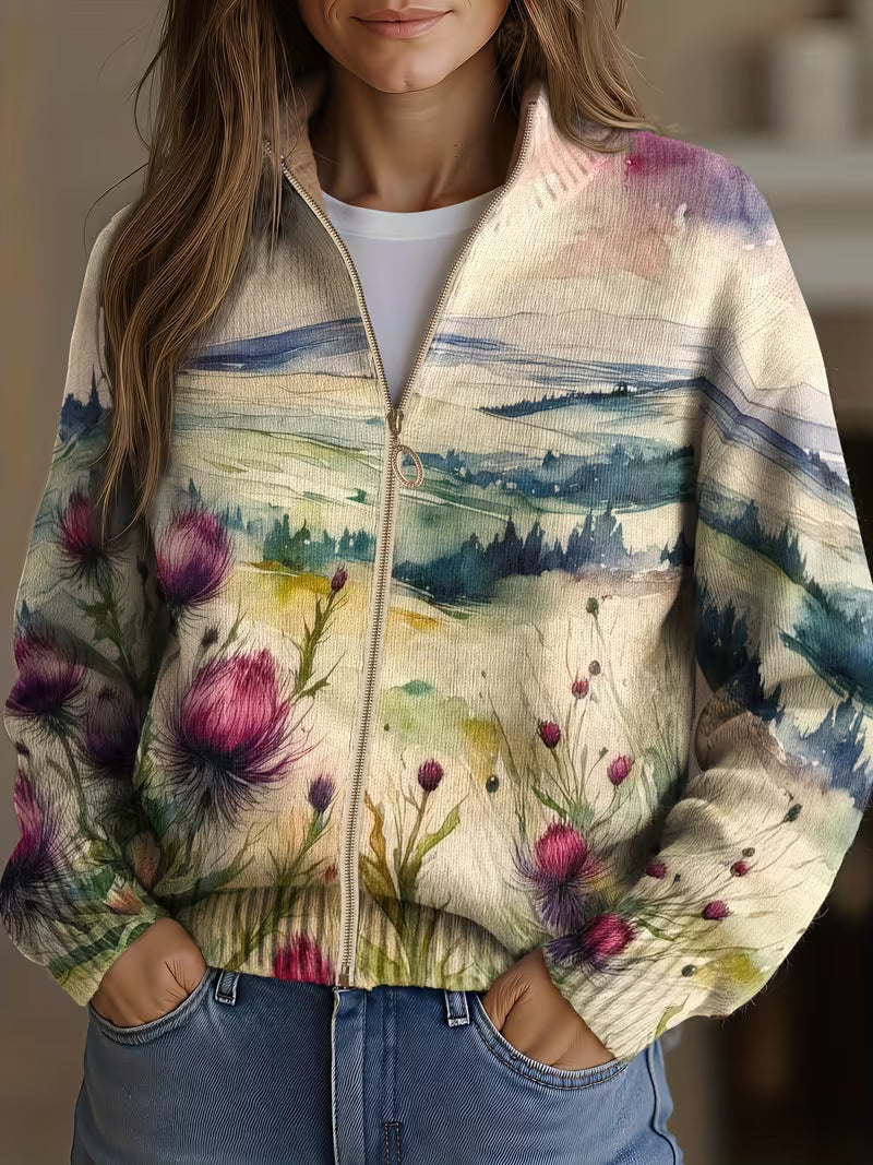 Women's zip cardigan with watercolour thistle landscape print, gold zip and ribbed stand collar