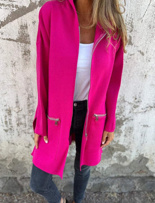 Women's hooded long sleeve open-front cardigan shown in a soft everyday style