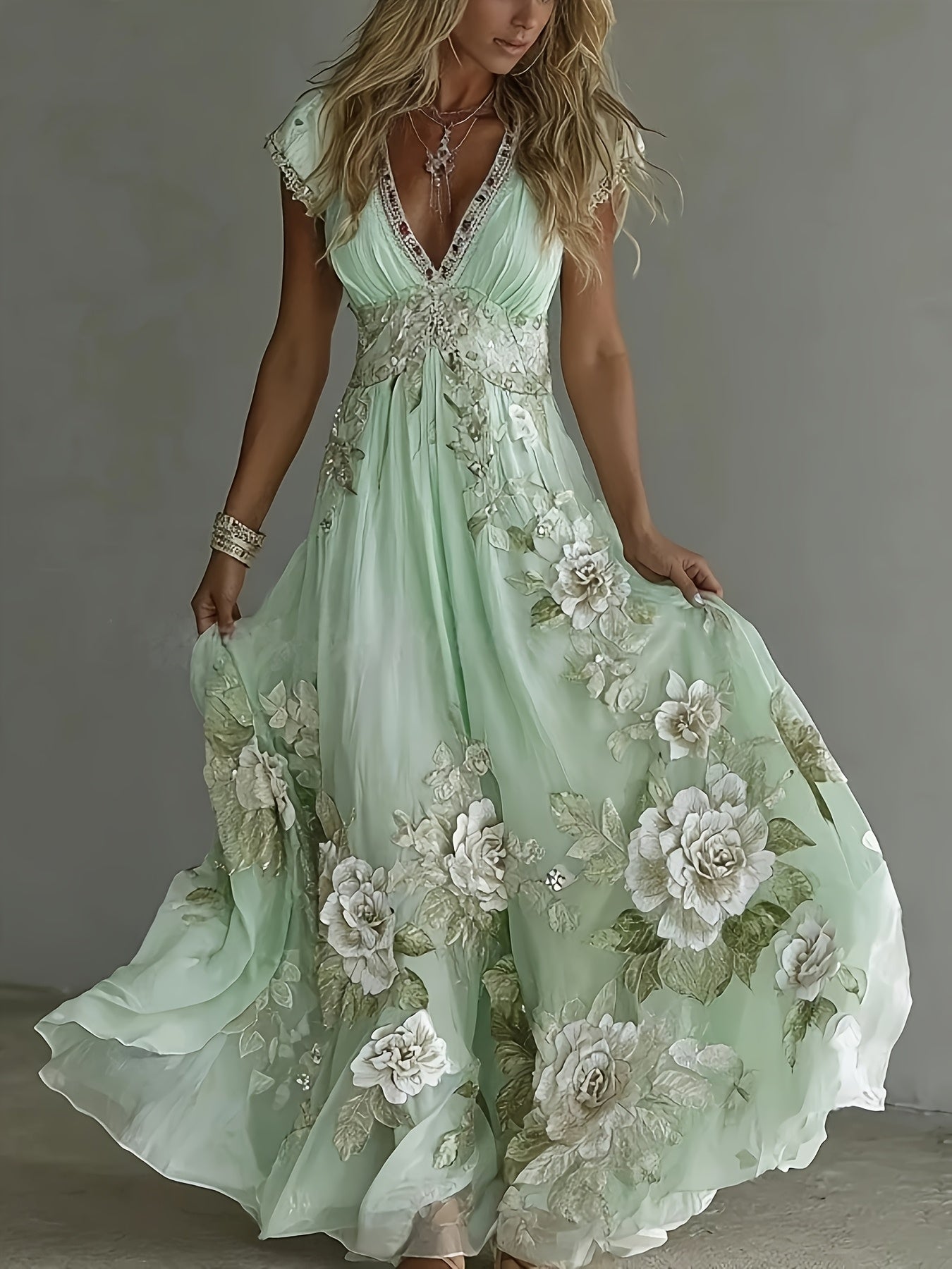 Linda short-sleeved maxi dress with geometric pattern in light blue, pink and light green