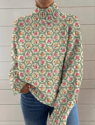 Multicolor floral turtleneck knit sweater with a relaxed fit and ribbed cuffs