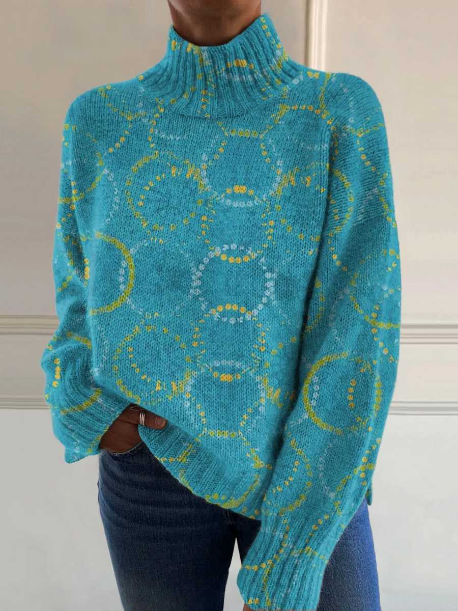 Turquoise turtleneck sweater with circle art print and relaxed fit