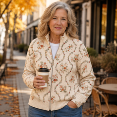 Cream zip-front cardigan with delicate peach, rust and sage floral vine print