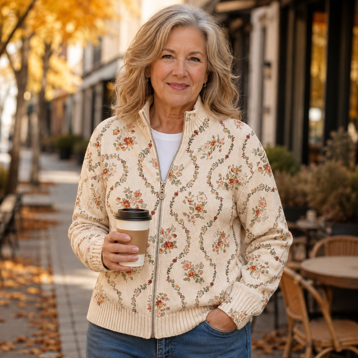Cream zip-front cardigan with delicate peach, rust and sage floral vine print