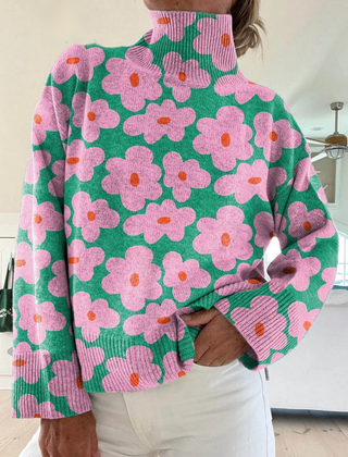 Floral knit turtleneck sweater in multicolour with a relaxed silhouette and ribbed cuffs