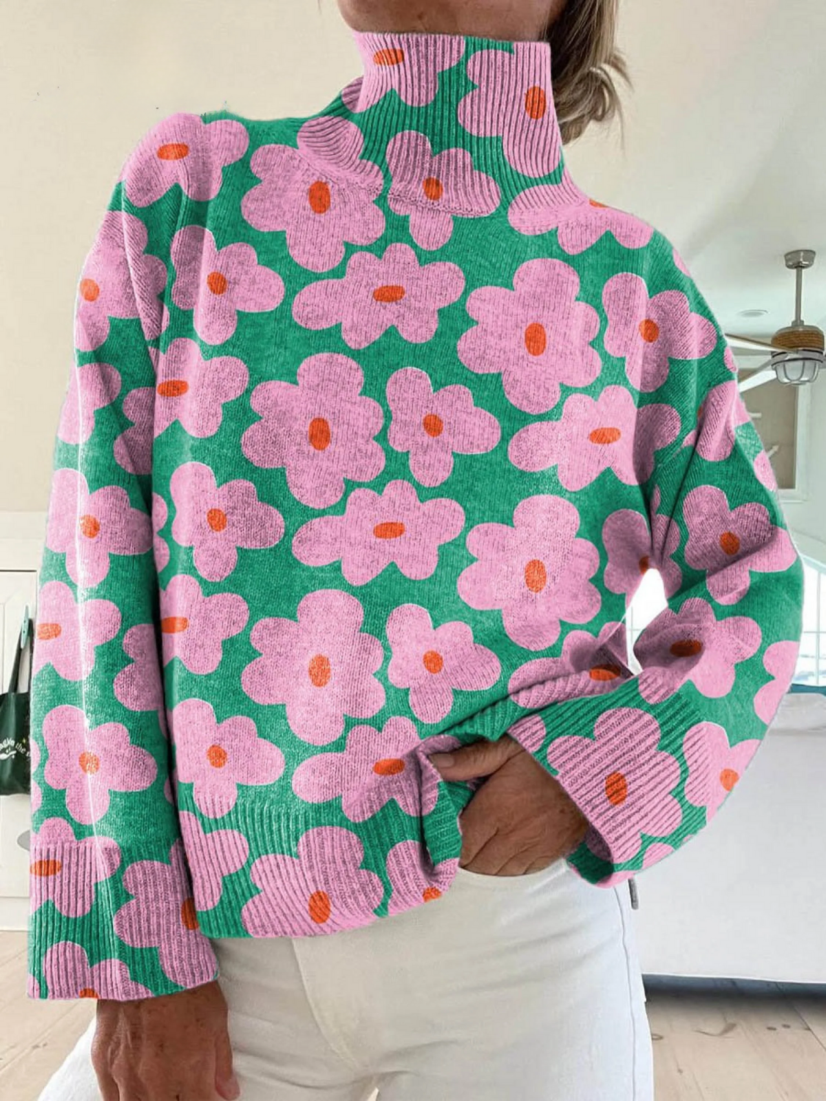 Floral knit turtleneck sweater in multicolour with a relaxed silhouette and ribbed cuffs