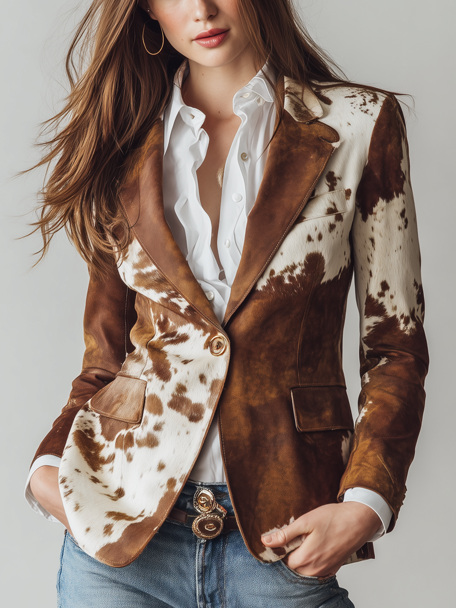 Women's brown vintage cow print eco-friendly tailored blazer