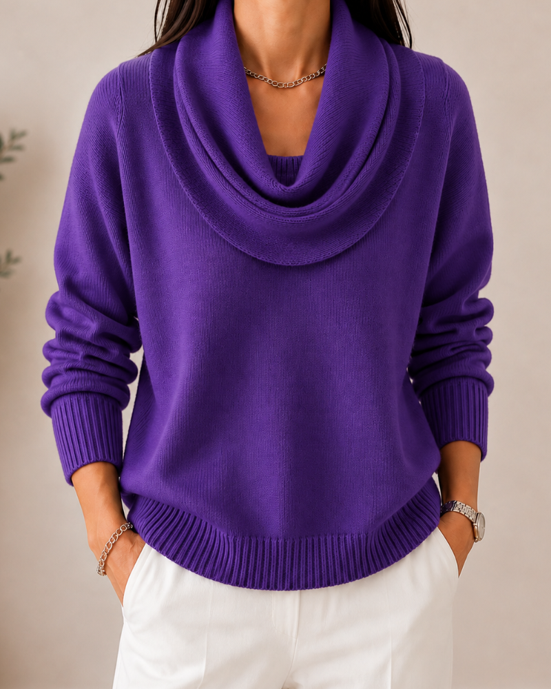 Caralina elegant cowl neck knit jumper with softly draped neckline and relaxed fit