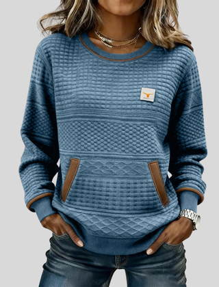 Women's crew neck colorblock sweatshirt with quilted texture panels and front kangaroo pocket