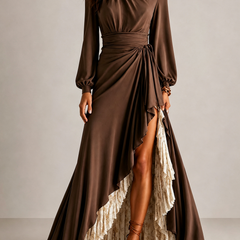 Brown wrap V-neck maxi dress with lantern sleeves, ruffle overlay and high side slit
