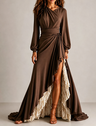 Brown wrap V-neck maxi dress with lantern sleeves, ruffle overlay and high side slit