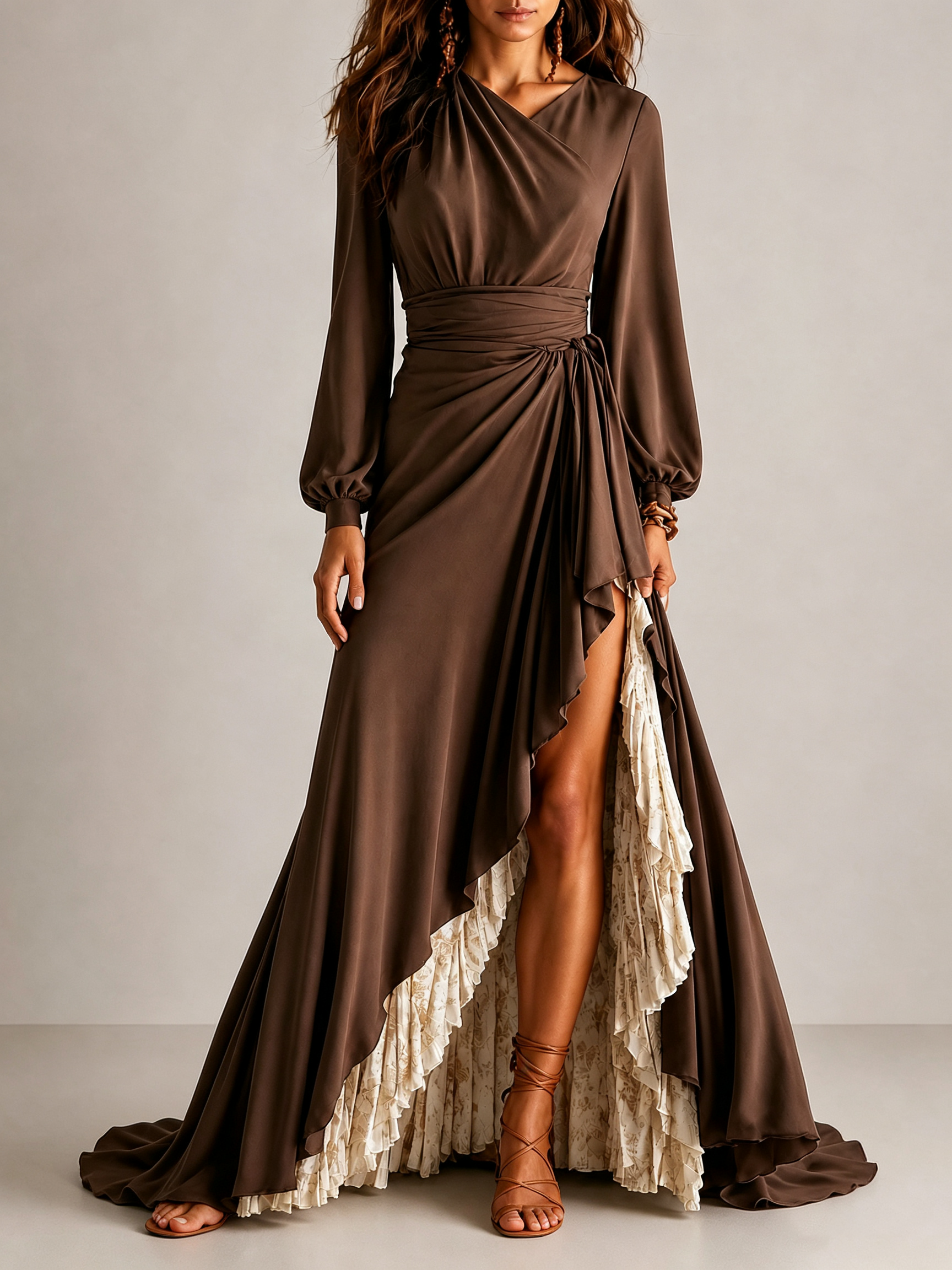 Brown wrap V-neck maxi dress with lantern sleeves, ruffle overlay and high side slit