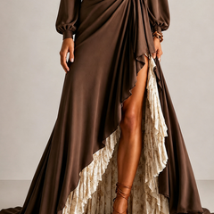 Brown wrap V-neck maxi dress with lantern sleeves, ruffle overlay and high side slit
