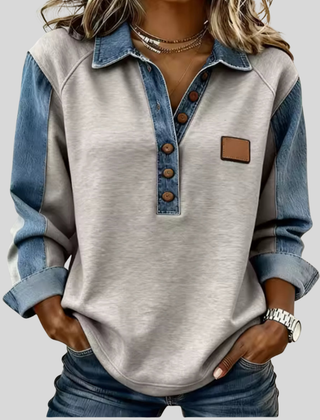 Women's knit pullover with denim-style collar, button-front placket and raglan sleeves
