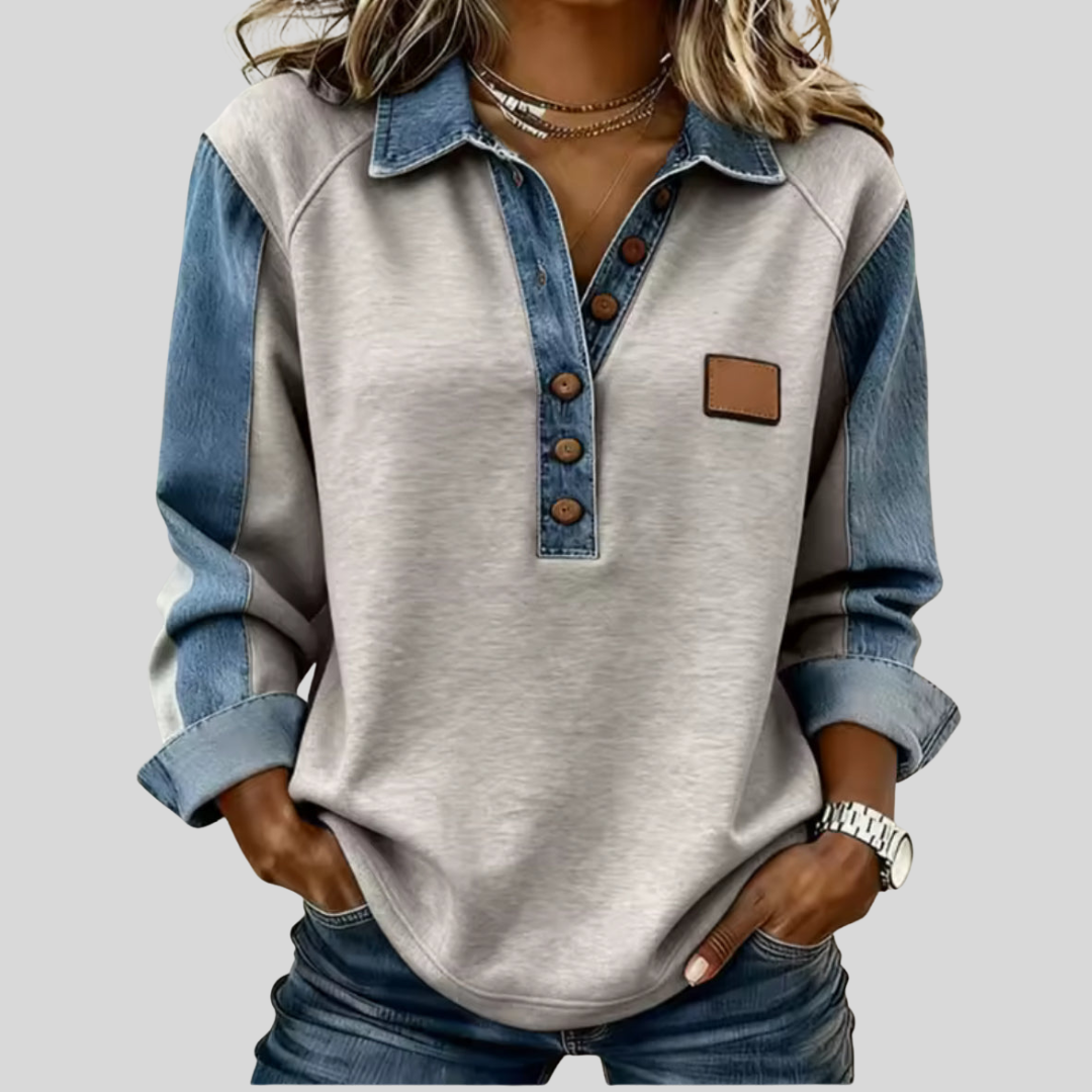 Women's knit pullover with denim-style collar, button-front placket and raglan sleeves