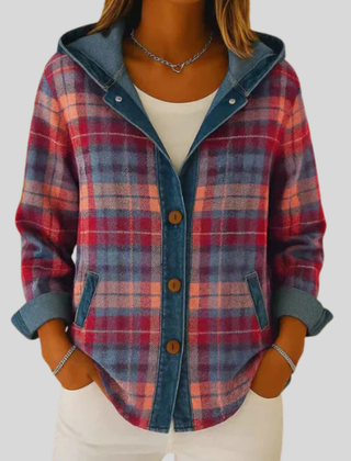Hooded plaid shacket with denim trim, chunky buttons and front patch pockets in a relaxed fit