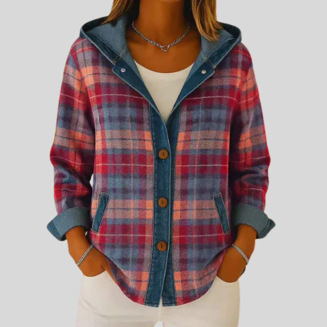Hooded plaid shacket with denim trim, chunky buttons and front patch pockets in a relaxed fit