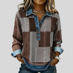 Colourblock knit sweatshirt with button placket, contrast collar and rolled cuffs in blue, black and brown