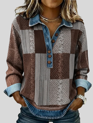 Colourblock knit sweatshirt with button placket, contrast collar and rolled cuffs in blue, black and brown