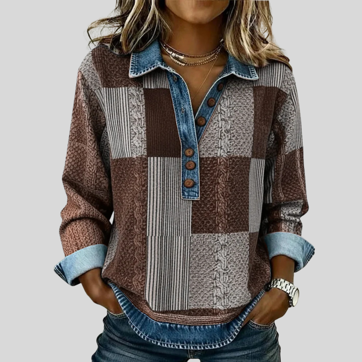 Colourblock knit sweatshirt with button placket, contrast collar and rolled cuffs in blue, black and brown