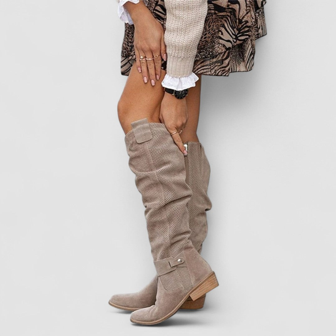 Slouch Western knee boots with perforated texture, block heel and side zipper in beige and khaki