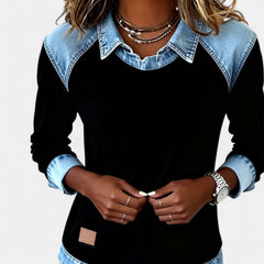 Women's layered-collar two-tone sweater with shirt-style collar and contrast panels, long sleeves
