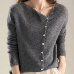 Women's V-neck button-front long sleeve cardigan with softly shaped collar and hip-length hem