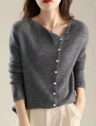 Women's V-neck button-front long sleeve cardigan with softly shaped collar and hip-length hem