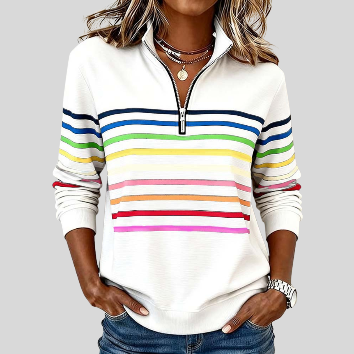Colourful horizontal striped quarter-zip sweatshirt with silver zip and ribbed cuffs