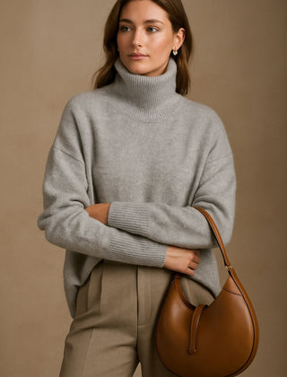 Women's high turtleneck sweater with relaxed fit, long sleeves and ribbed cuffs and hem
