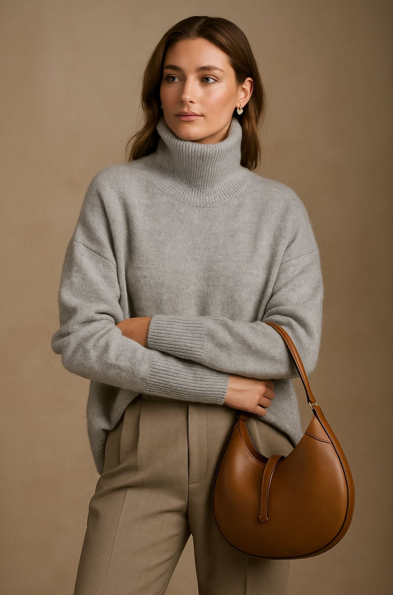 Women's high turtleneck sweater with relaxed fit, long sleeves and ribbed cuffs and hem
