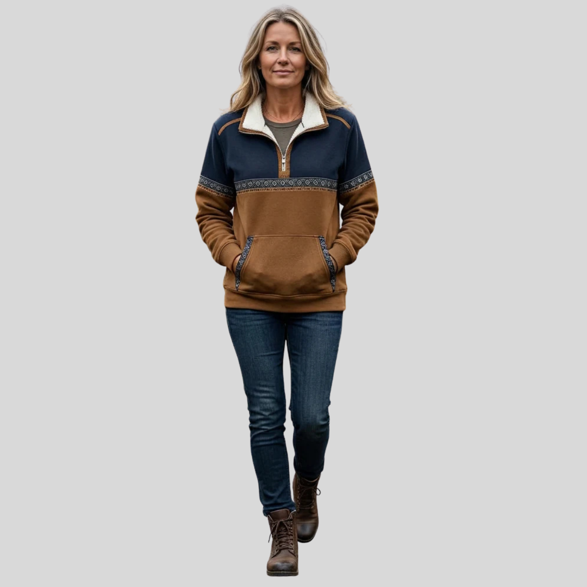 Navy and caramel color-block half-zip pullover with sherpa collar and geometric chest trim