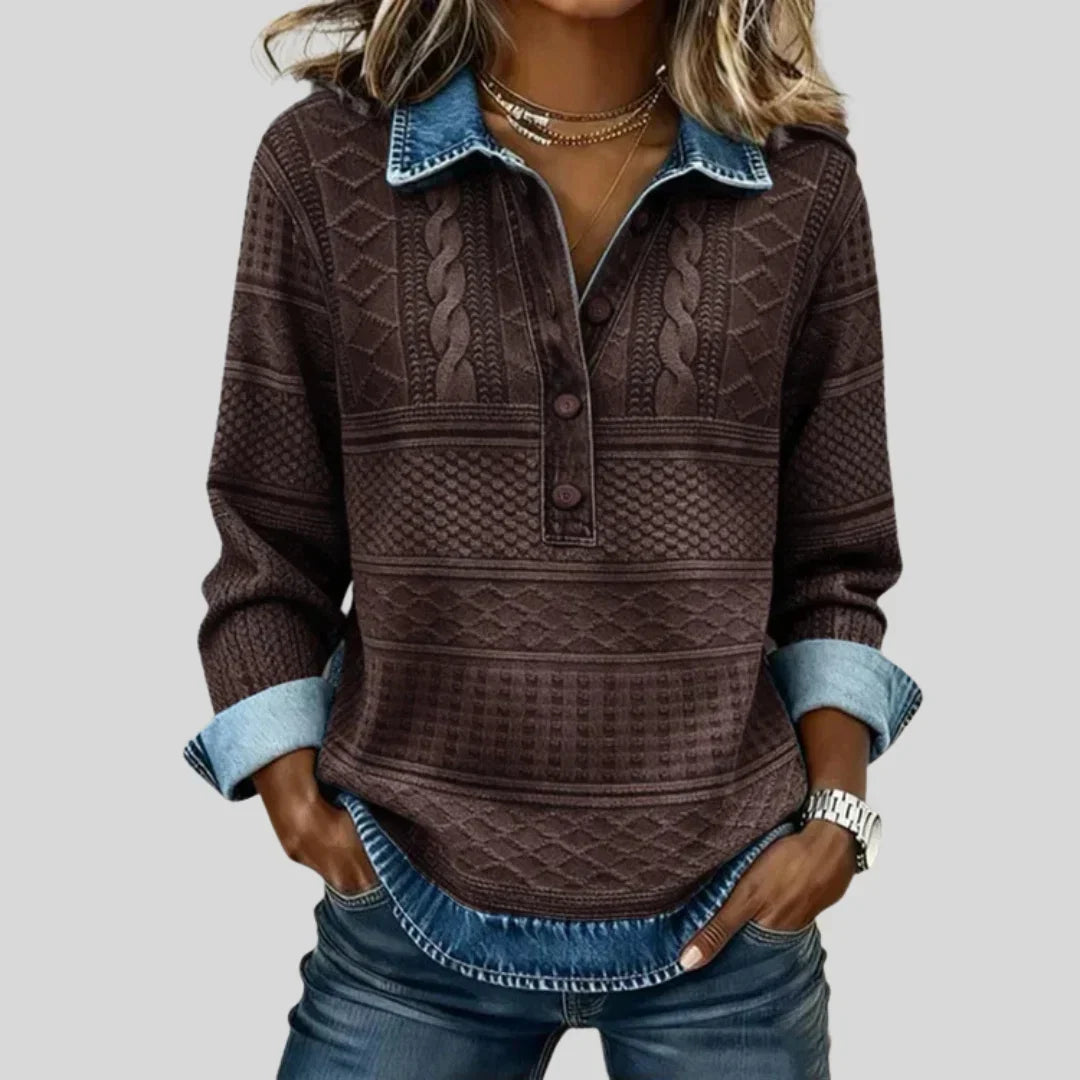 Women's vintage cable knit collared jumper with buttons and rolled cuffs