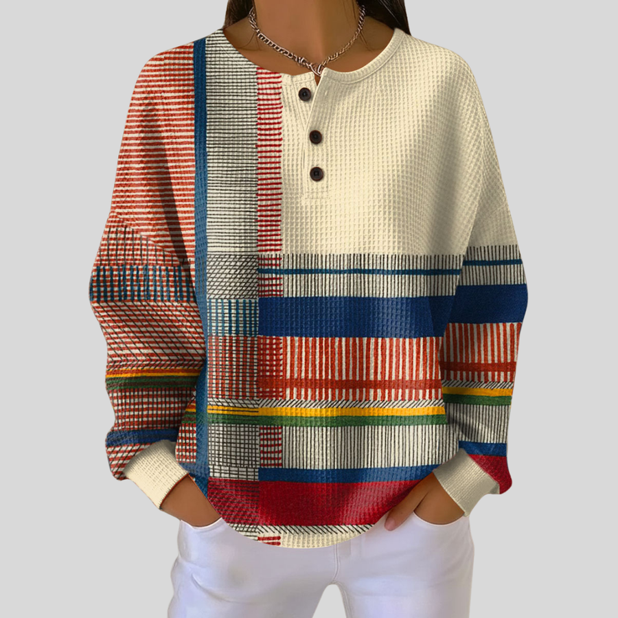 Relaxed-fit waffle-knit henley sweatshirt with button neckline and cream, red, navy and yellow stripes