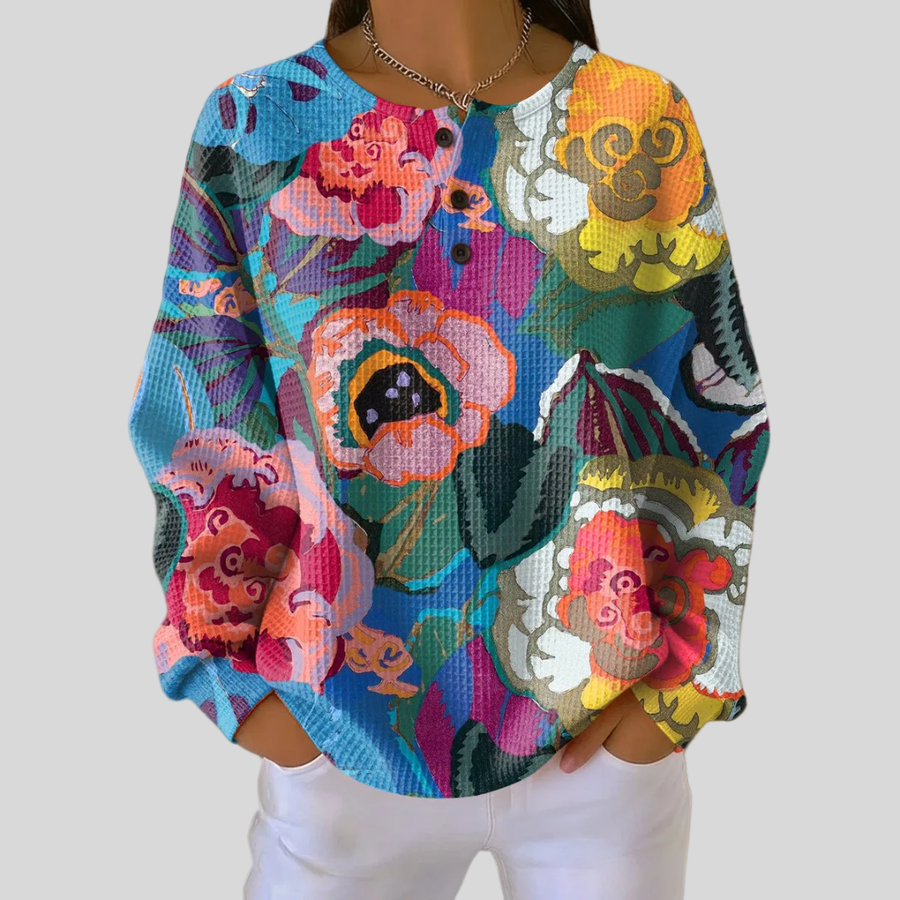 Relaxed-fit waffle-knit sweatshirt in a colourful jewel-tone floral print with button-placket neckline