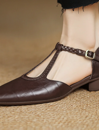 Women's leather T-strap Mary Jane flats with braided strap, buckle and pointed toe