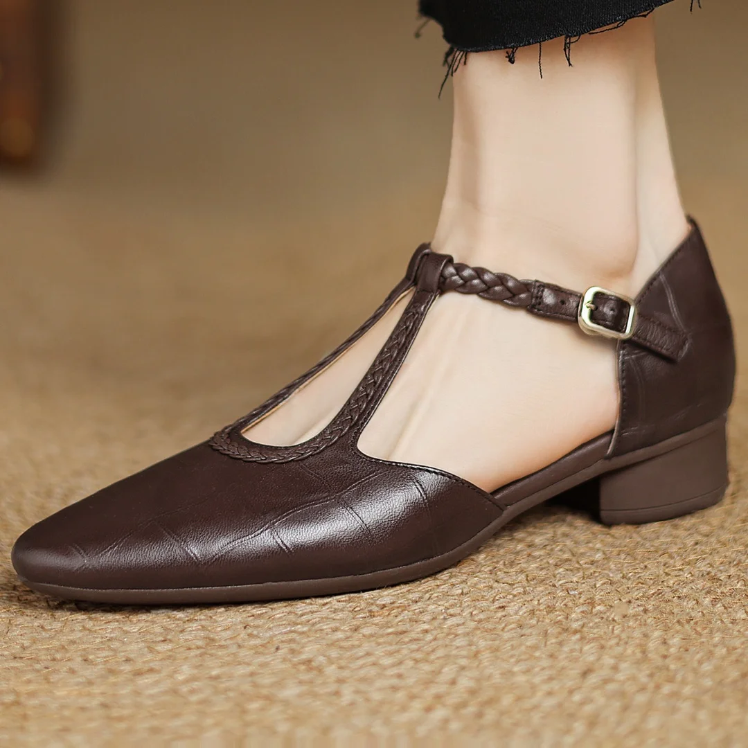 Women's leather T-strap Mary Jane flats with braided strap, buckle and pointed toe
