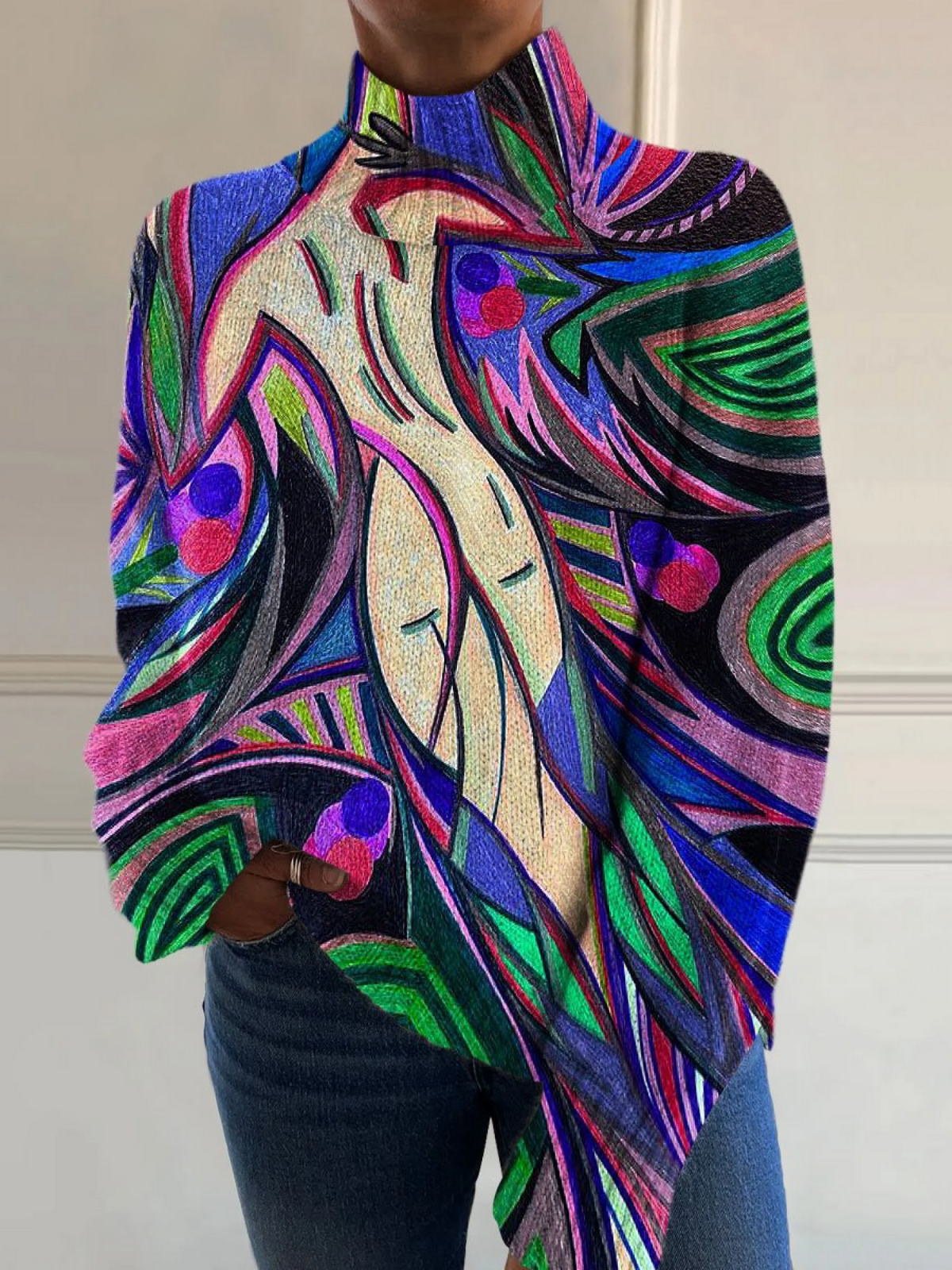 Women's retro abstract print turtleneck sweater in a relaxed fit with ribbed details